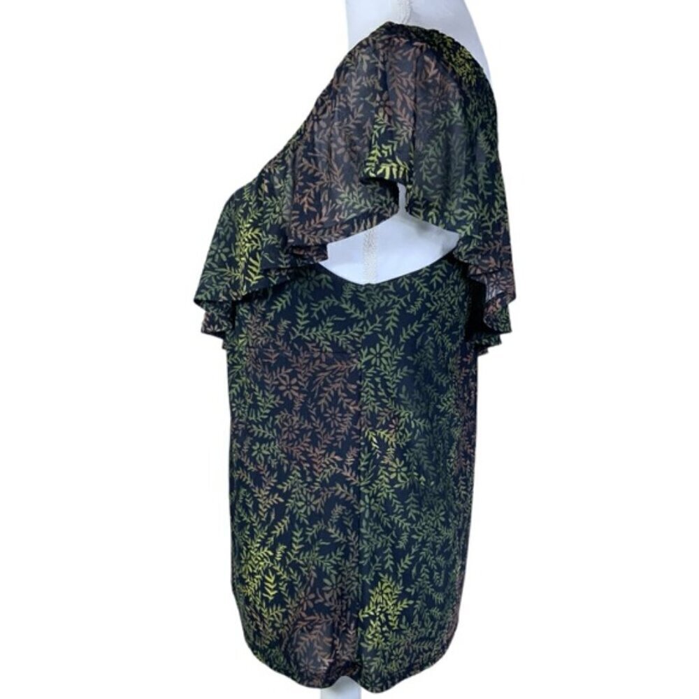 Suzy Shier One Shoulder Top Flutter Sleeve Chic Blouse Black Green Women Medium - Picture 4 of 16